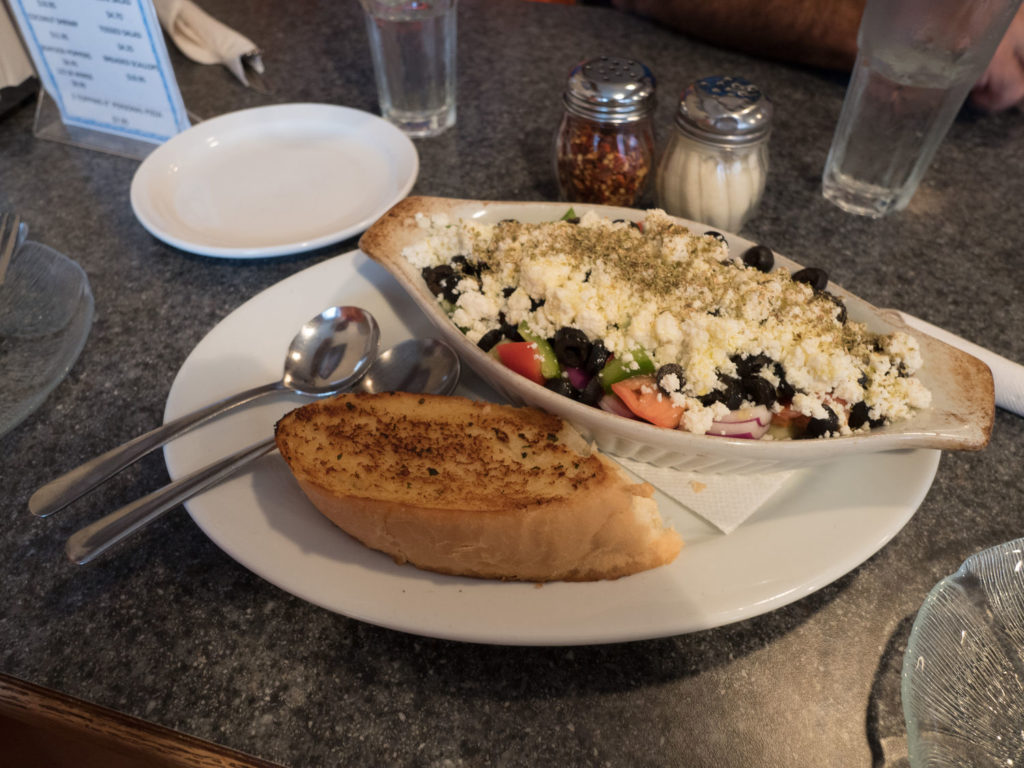 Greek salad and garlic bread