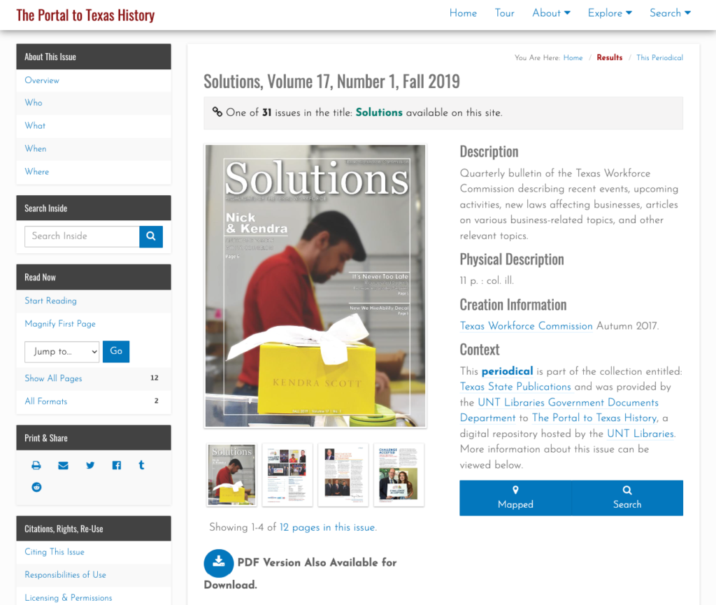 Screenshot of the Solutions Volume 17, Number 1, Fall 2019 publication as presented in The Portal to Texas History